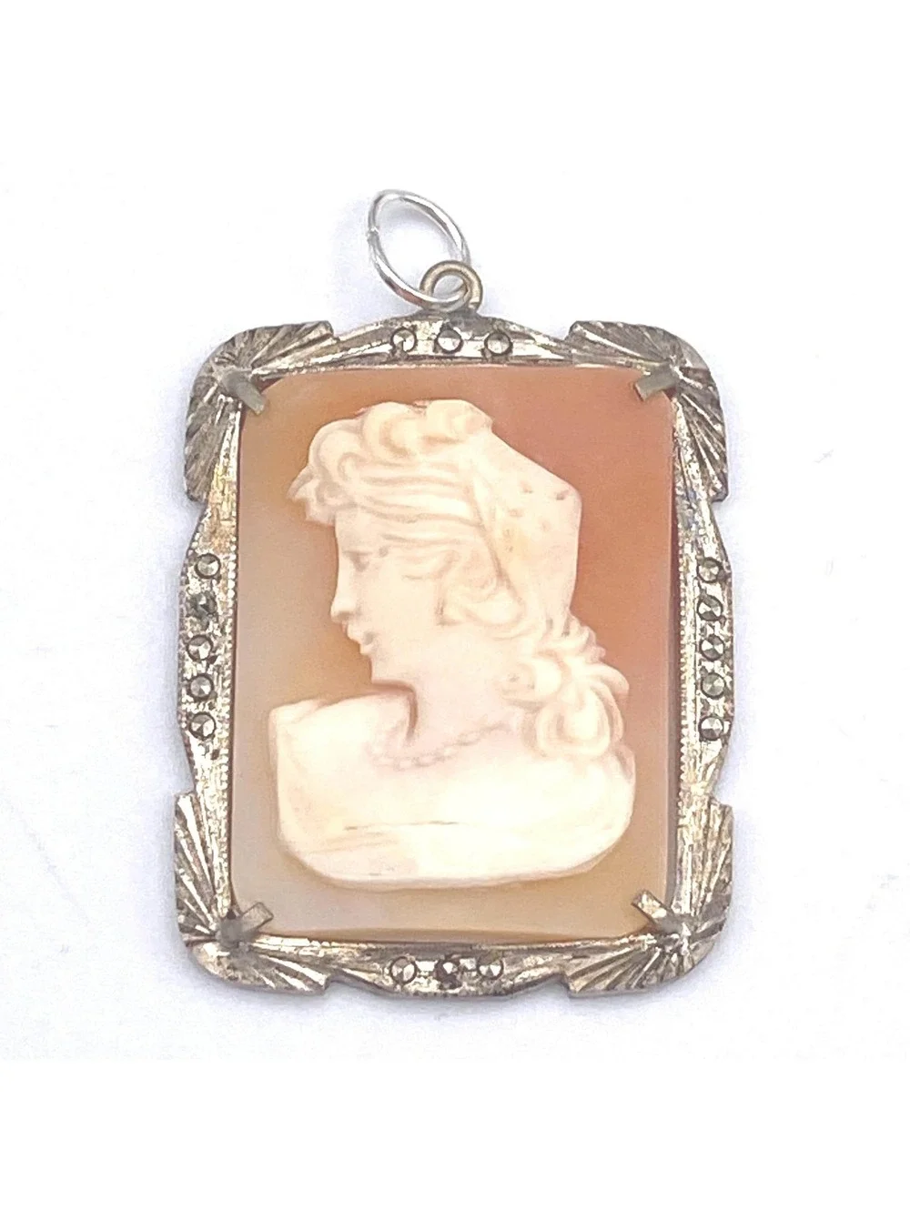 Antique Carved Shell Cameo Pendant, 800 Silver Marcasite Accents.